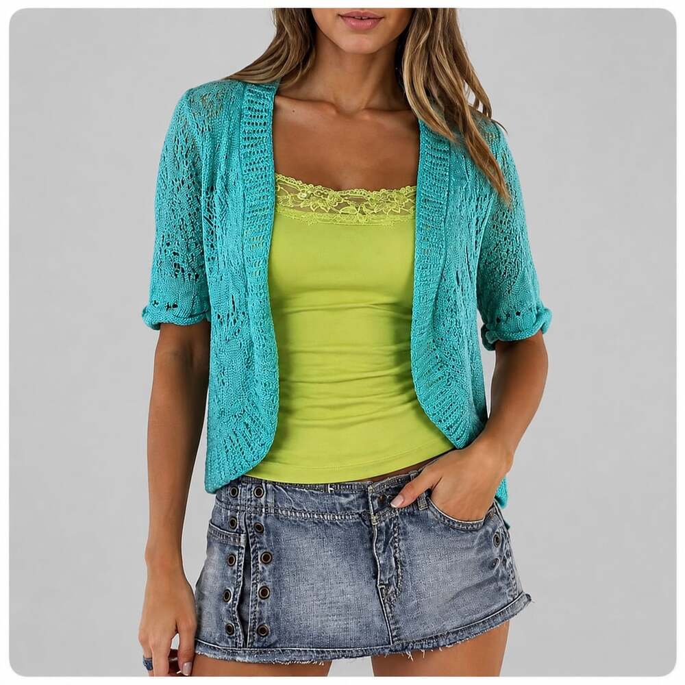 World Unity Y2K Women's Crochet Knit Bolero Shrug Cardigan Retro Turquoise S
